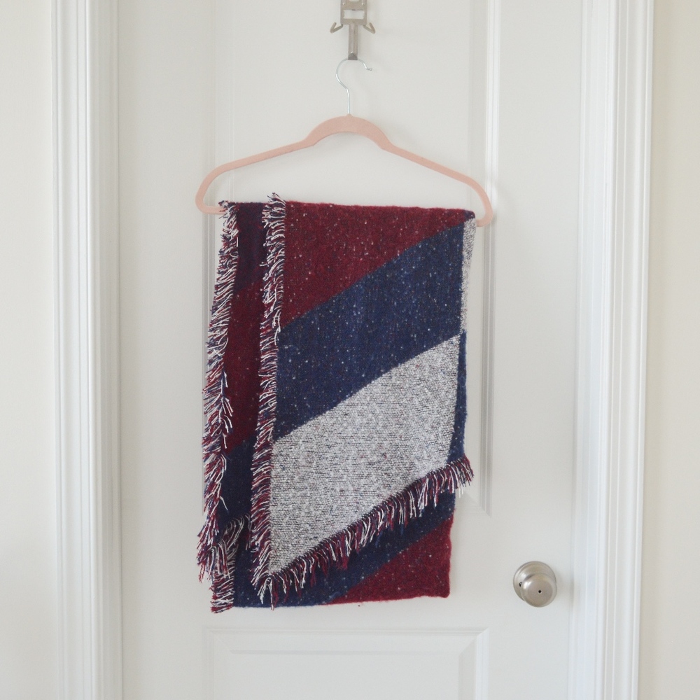 NWOT! Maroon Dark Blue White Stripe Fringe Scarf